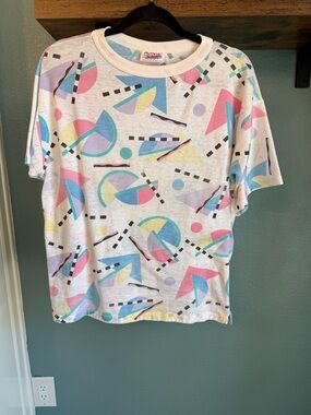 Vintage 90s Abstract Graphic Tee Memphis Pattern Made in USA Reflections